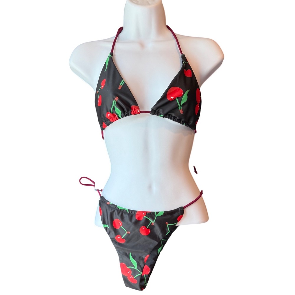 Cherry Print String‎ Bikini Set Black Red Halter Swimsuit Women's Size Large